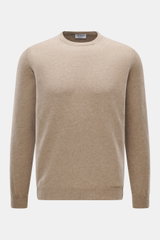Front view of Aida Barni Cashmere crew neck jumper beige melange, a luxury pure cashmere sweater with fine knit, regular fit, crew neckline, and ribbed cuffs.