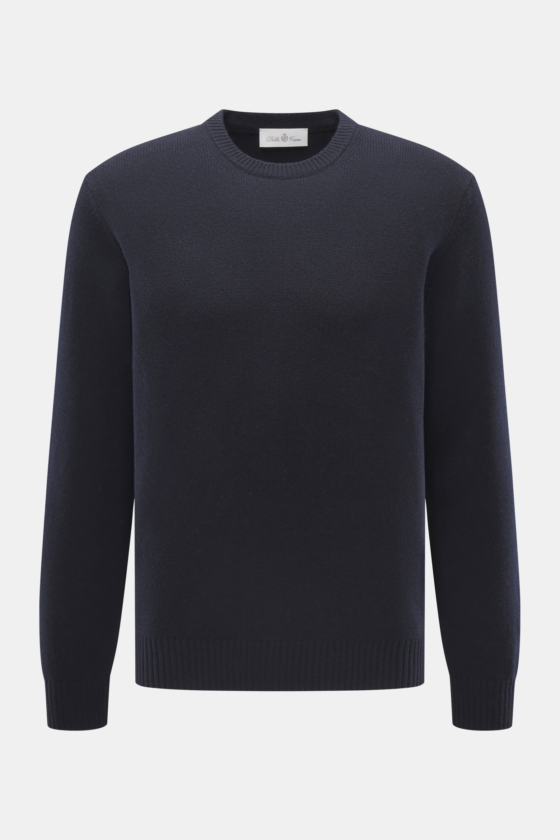 Della Ciana Rundhalspullover navy, frontal fotografiert, Regular Fit, feines Strickbild, Mix aus Wolle und Cashmere, weicher Griff, komfortable Rippbündchen.