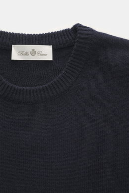 Della Ciana Rundhalspullover navy, Nahaufnahme von oben, Mix aus Wolle und Cashmere, weicher Griff, feines Strickbild, Regular Fit, Rippbündchen.
