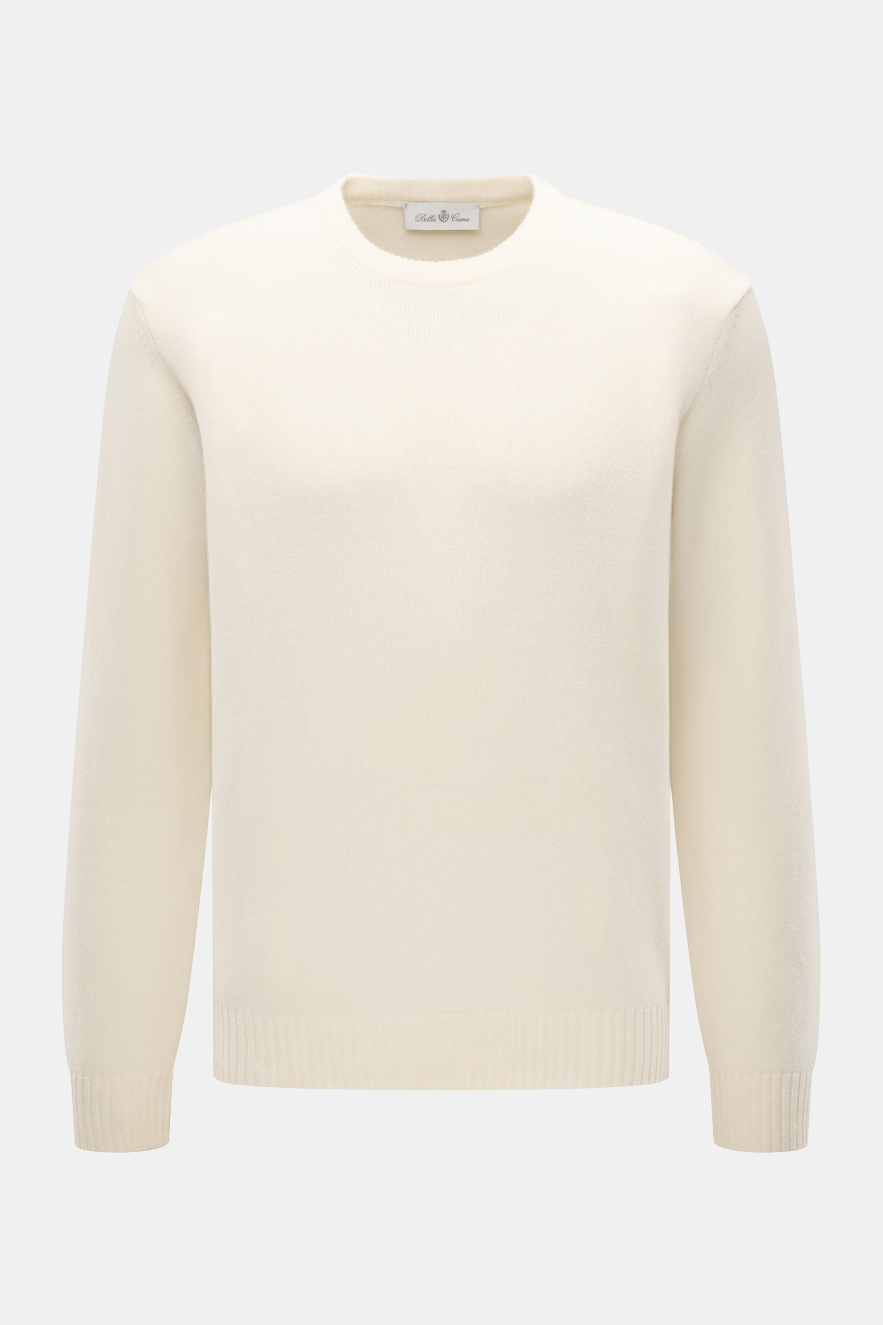 Della Ciana Rundhalspullover creme, frontal fotografiert, Mix aus Wolle und Cashmere, weicher Griff, feines Strickbild, Regular Fit, komfortable Rippbündchen.