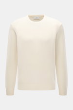 Della Ciana Rundhalspullover creme, frontal fotografiert, Mix aus Wolle und Cashmere, weicher Griff, feines Strickbild, Regular Fit, komfortable Rippbündchen.