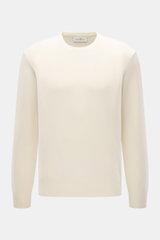 Della Ciana Rundhalspullover creme, frontal fotografiert, Mix aus Wolle und Cashmere, weicher Griff, feines Strickbild, Regular Fit, komfortable Rippbündchen.
