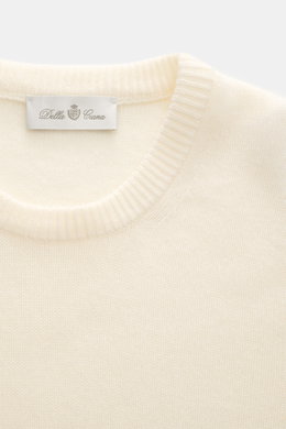 Della Ciana Rundhalspullover creme, Nahaufnahme von oben, feines Strickbild, Mix aus Wolle und Cashmere, Regular Fit, weicher Griff, komfortable Rippbündchen.