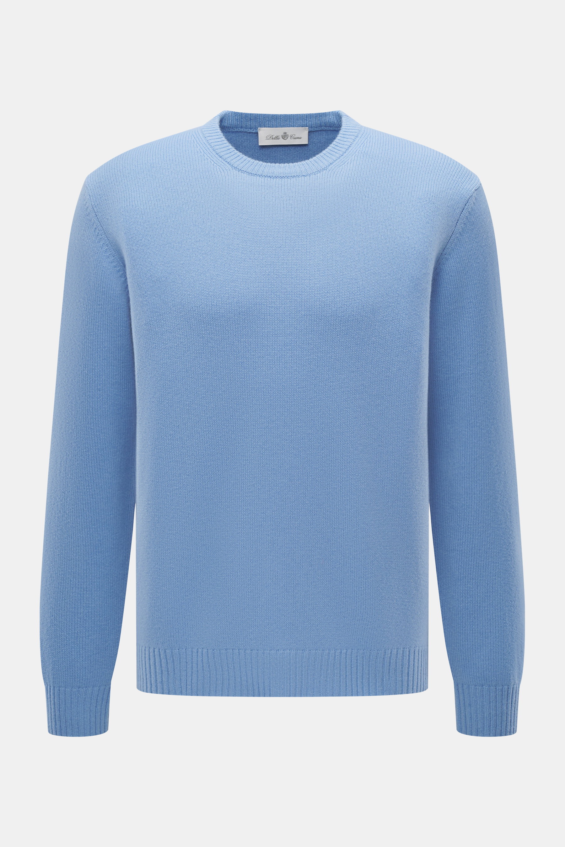 Della Ciana Rundhalspullover hellblau, frontal aus mittlerer Entfernung, Mix aus Wolle und Cashmere, weicher Griff, feines Strickbild, Regular Fit, komfortable Rippbündchen.