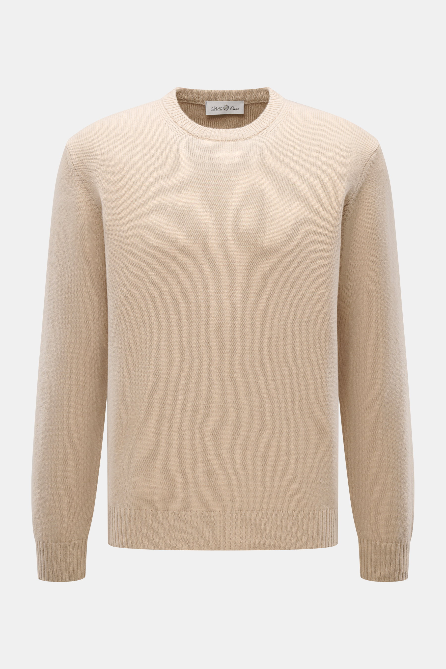 Della Ciana Rundhalspullover beige, vorne frontal fotografiert, Mix aus Wolle und Cashmere, weicher Griff, feines Strickbild, Regular Fit, komfortable Rippbündchen.