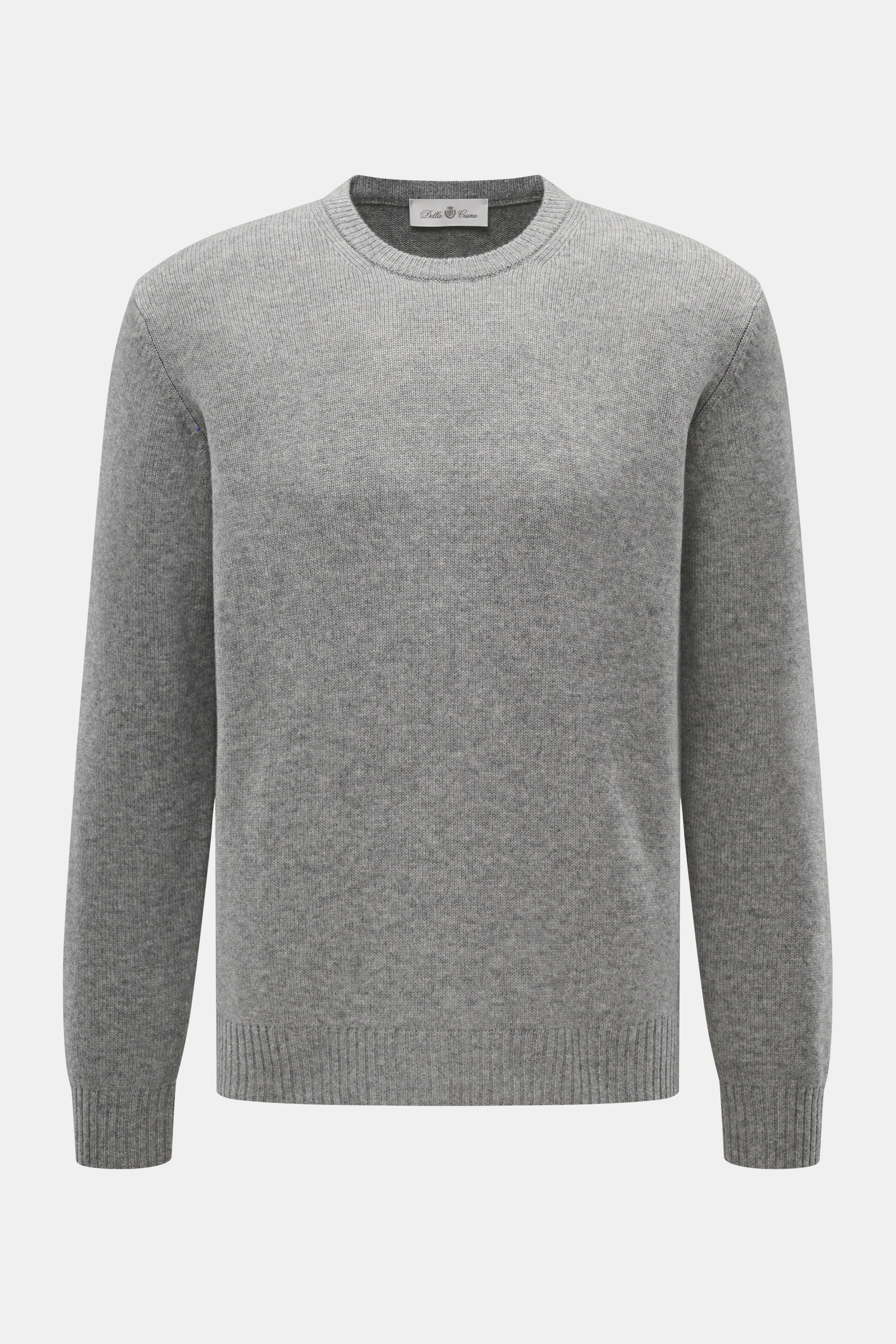 Della Ciana Rundhalspullover grau meliert, frontal fotografiert, Mix aus Wolle und Cashmere, weicher Griff, feines Strickbild, Regular Fit, komfortable Rippbündchen.
