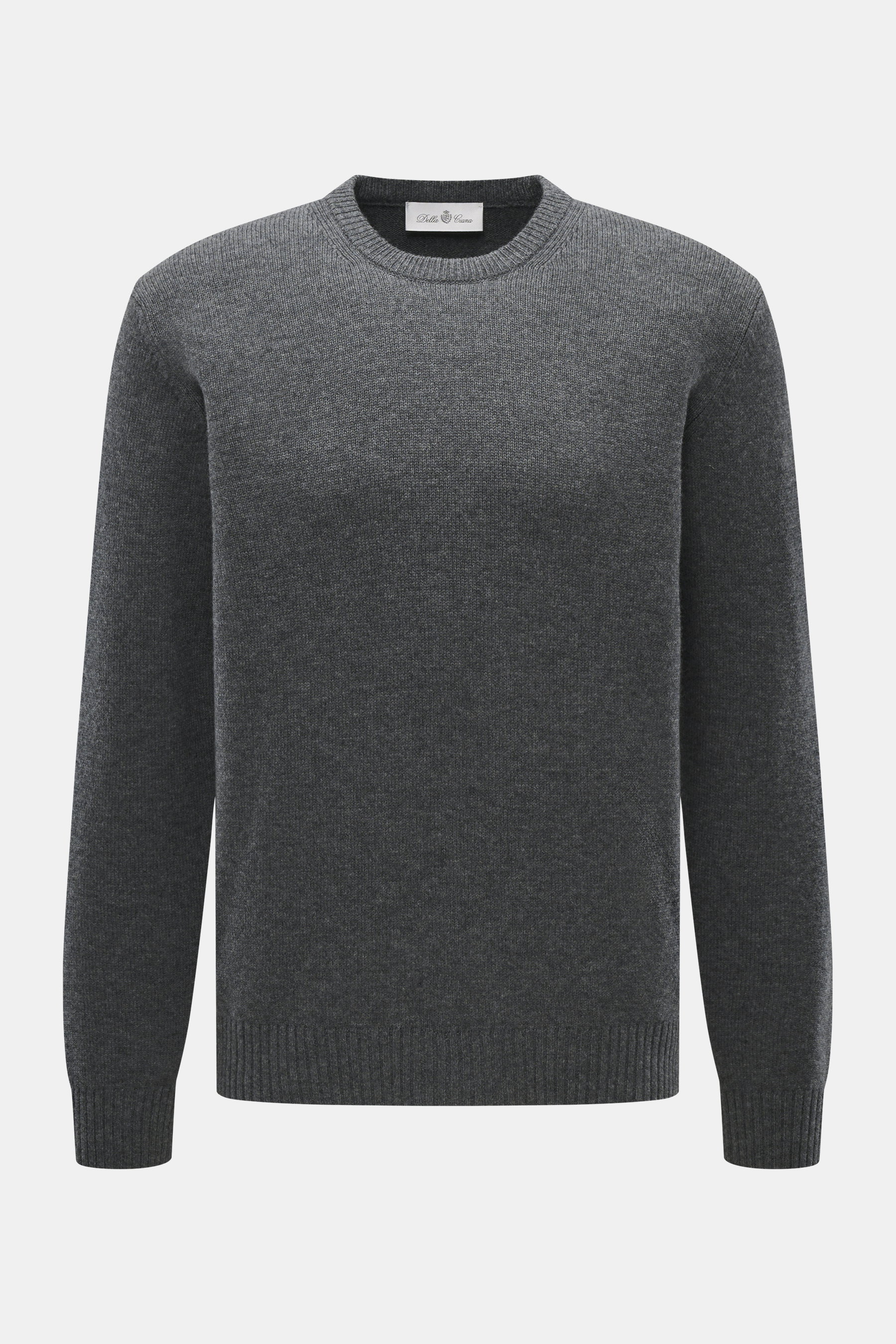 Della Ciana Rundhalspullover dunkelgrau meliert, frontal fotografiert, mit feinem Strickbild, weichem Griff, Regular Fit, Mix aus Wolle und Cashmere, komfortablen Rippbündchen.
