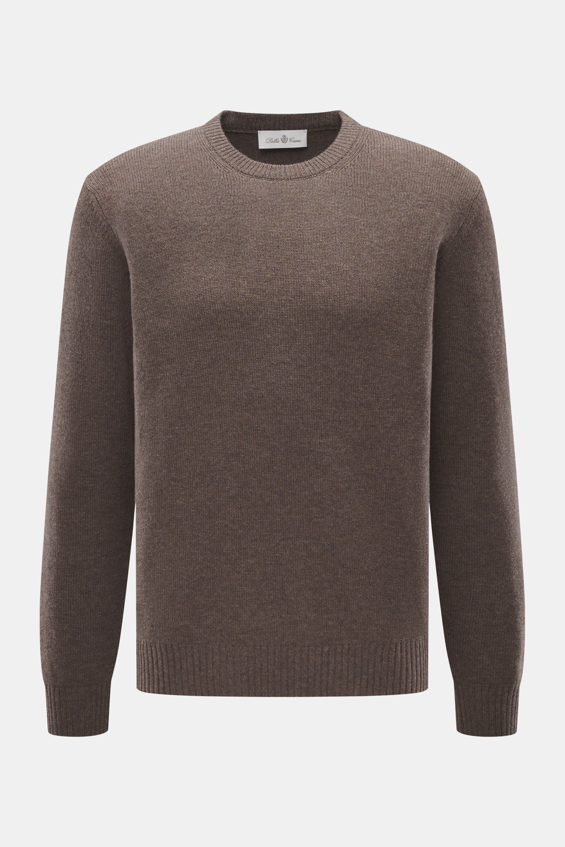 Della Ciana Rundhalspullover graubraun, frontal fotografiert, mit feinem Strickbild, Regular Fit, weichem Griff, Rippbündchen, Woll-Cashmere-Mix.
