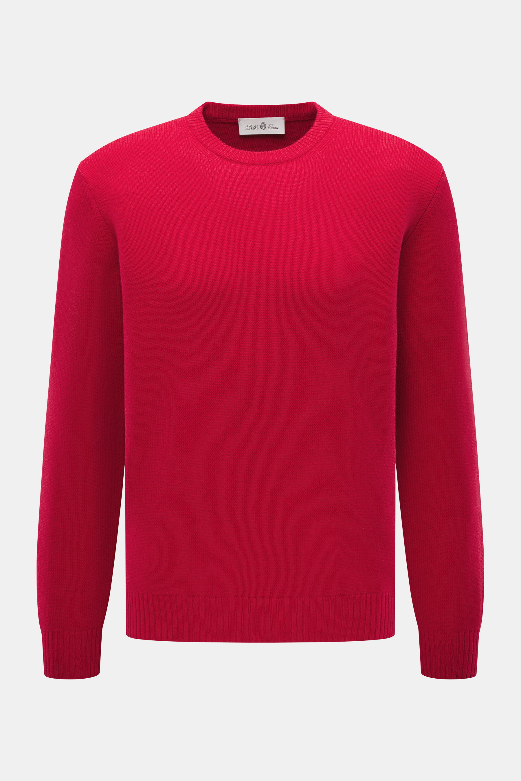 Della Ciana Rundhalspullover rot, frontal fotografiert, Mix aus Wolle und Cashmere, weicher Griff, feines Strickbild, Regular Fit, komfortable Rippbündchen.