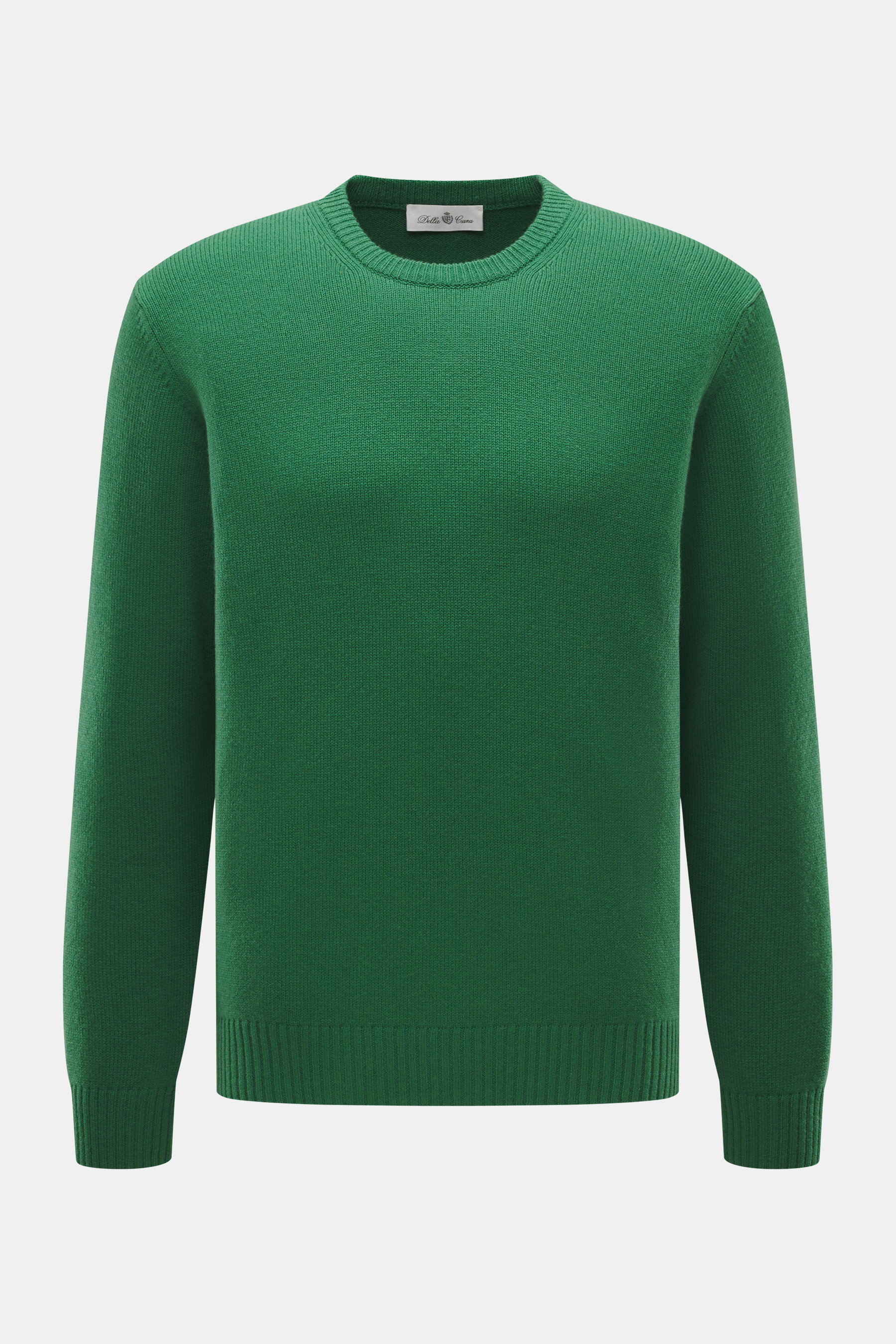 Della Ciana Rundhalspullover grün, frontale Nahaufnahme, feines Strickbild, weicher Griff, Mix aus Wolle und Cashmere, Regular Fit, komfortable Rippbündchen.