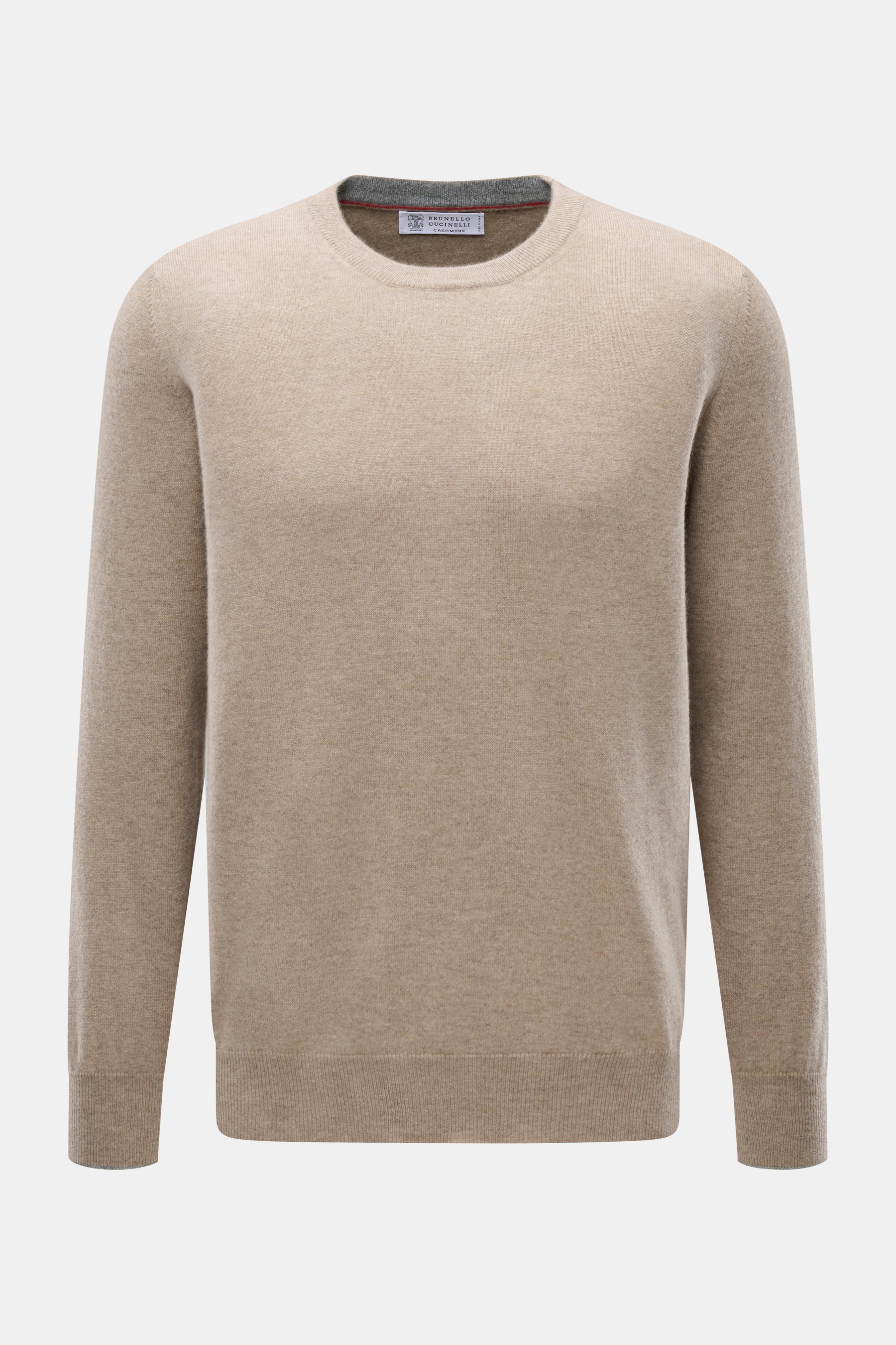 Front view of Brunello Cucinelli Cashmere pullover beige melange, finely knit crew neck sweater with narrow contrast edges at cuffs.

<p>This timeless and versatile finely knit crew neck sweater by BRUNELLO CUCINELLI is made from pure cashmere, featuring 