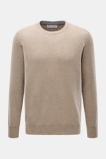 Beige melierter Brunello Cucinelli Cashmere Rundhalspullover, Frontansicht, feiner Strick, schmale Kontrastkanten, Regular Fit, weiche Rippbündchen.