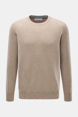 Beige melierter Brunello Cucinelli Cashmere Rundhalspullover, Frontansicht, feiner Strick, schmale Kontrastkanten, Regular Fit, weiche Rippbündchen.