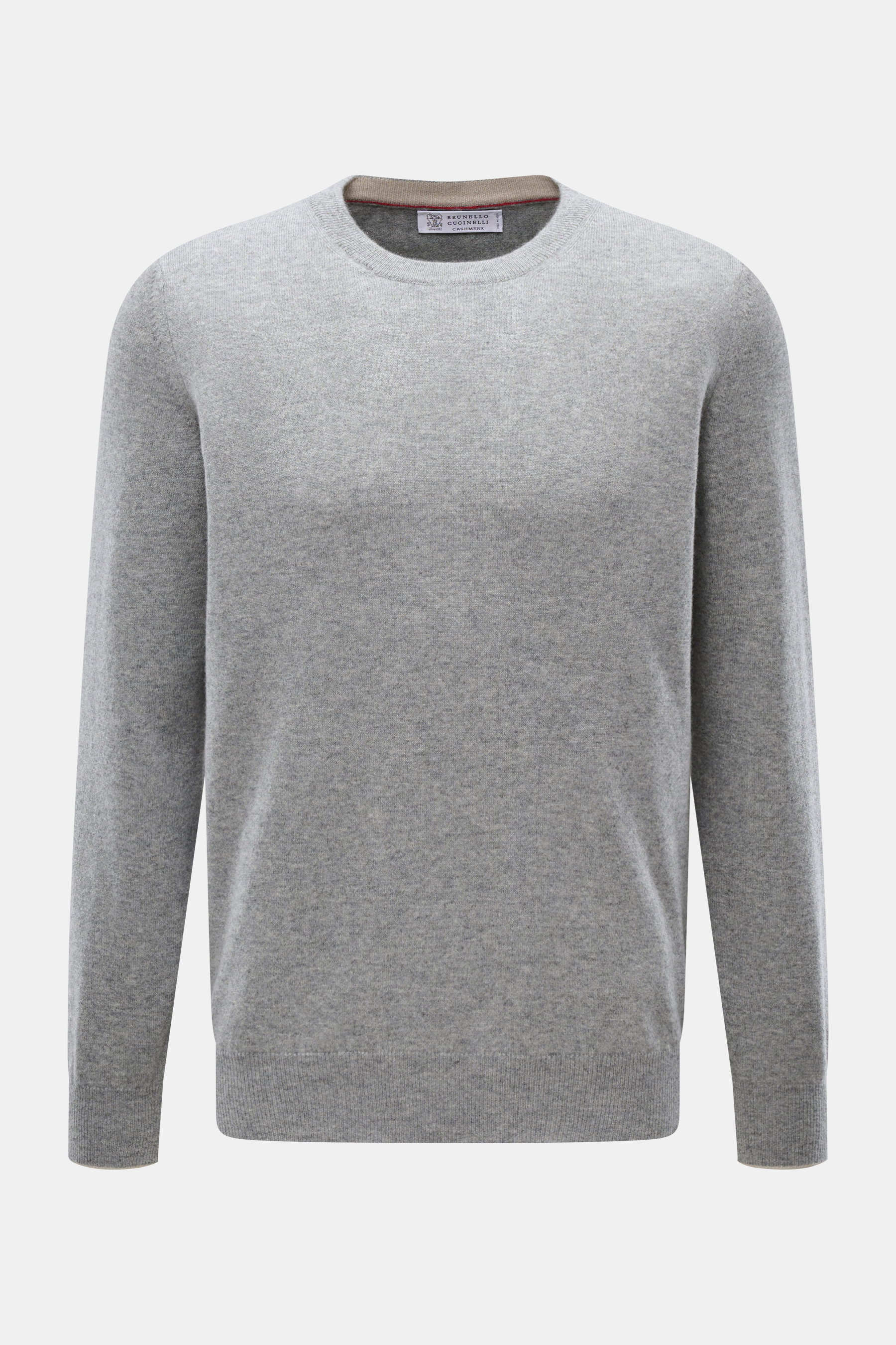 Front view of Brunello Cucinelli Cashmere pullover grey melange, a finely knit crew neck sweater with narrow contrast edges.

<p>This timeless and versatile finely knit crew neck sweater by BRUNELLO CUCINELLI is made from pure cashmere, featuring narrow c