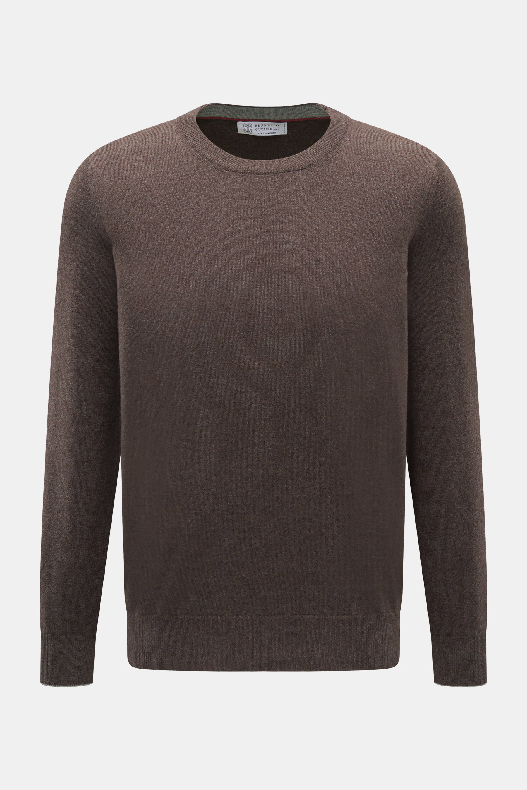 Front view of Brunello Cucinelli Cashmere pullover brown melange, finely knit crew neck sweater in pure cashmere with narrow contrast edges.

Description: <p>This timeless and versatile finely knit crew neck sweater by BRUNELLO CUCINELLI is made from pure