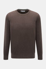 Brunello Cucinelli Cashmere Rundhalspullover braun meliert, feiner Strick, Regular Fit, flexible Rippbündchen, schmale Kontrastkanten, Frontansicht.