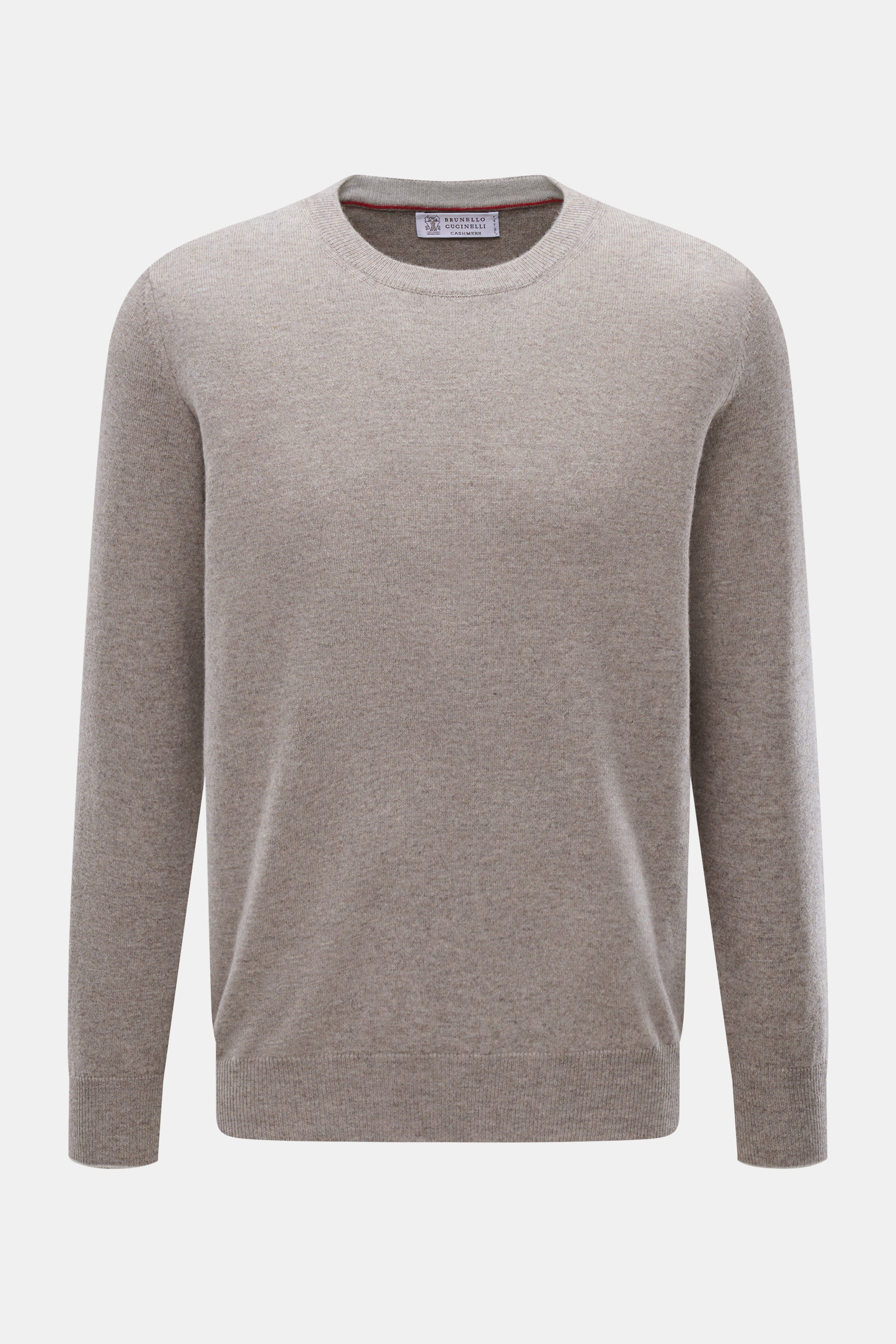 Front view of Brunello Cucinelli Cashmere pullover taupe melange, finely knit crew neck sweater with narrow contrast-colored edges.

<p>This timeless and versatile finely knit crew neck sweater by BRUNELLO CUCINELLI is made from pure cashmere, featuring n