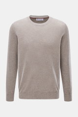 Brunello Cucinelli Cashmere Rundhalspullover taupe meliert, fein gestrickt, Regular Fit, flexible Rippbündchen, frontal fotografiert.
