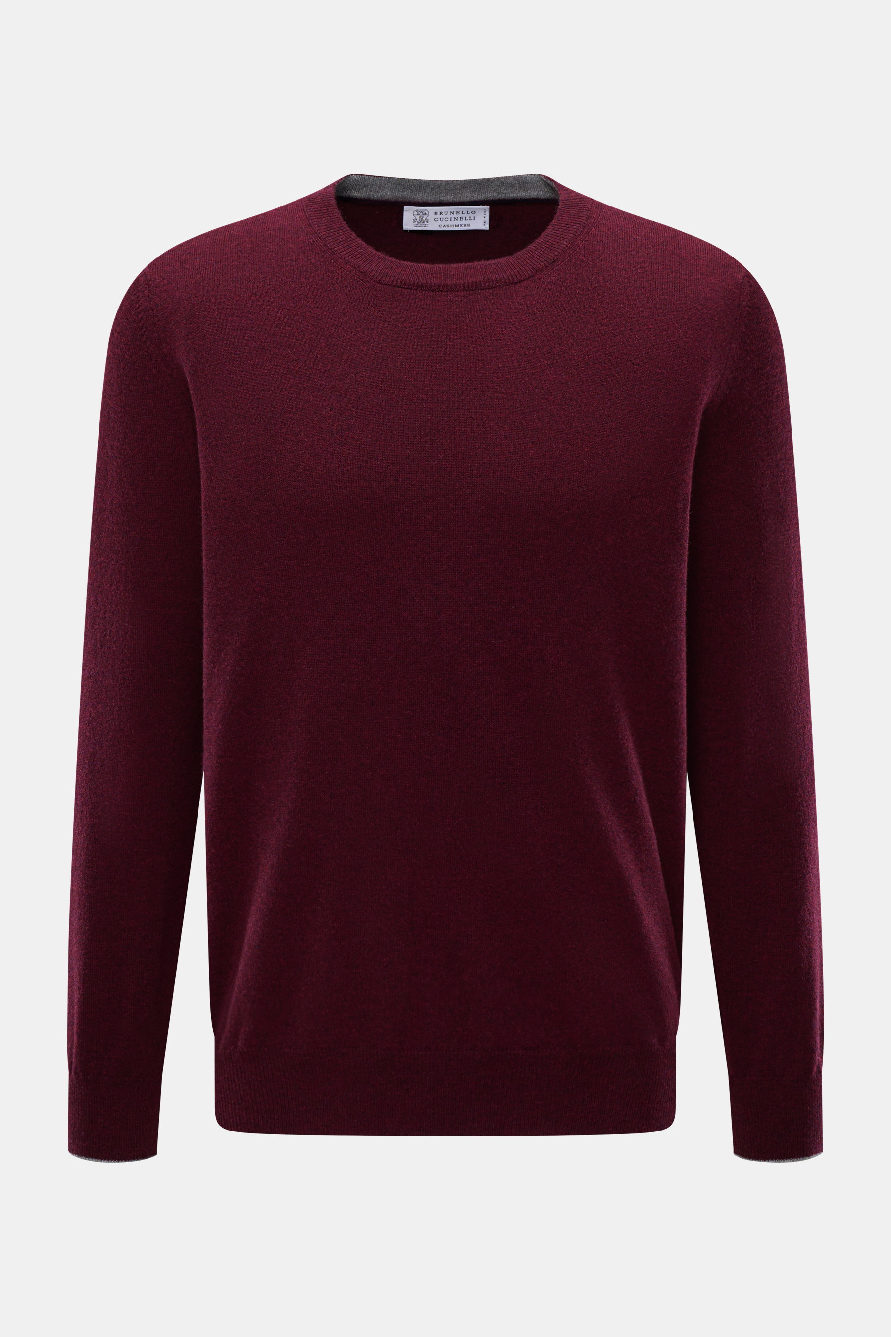 Front view of a Brunello Cucinelli Cashmere pullover burgundy melange, finely knit with pure cashmere, smooth feel, regular fit, and narrow contrast edges.

<p>This timeless and versatile finely knit crew neck sweater by BRUNELLO CUCINELLI is made from pu