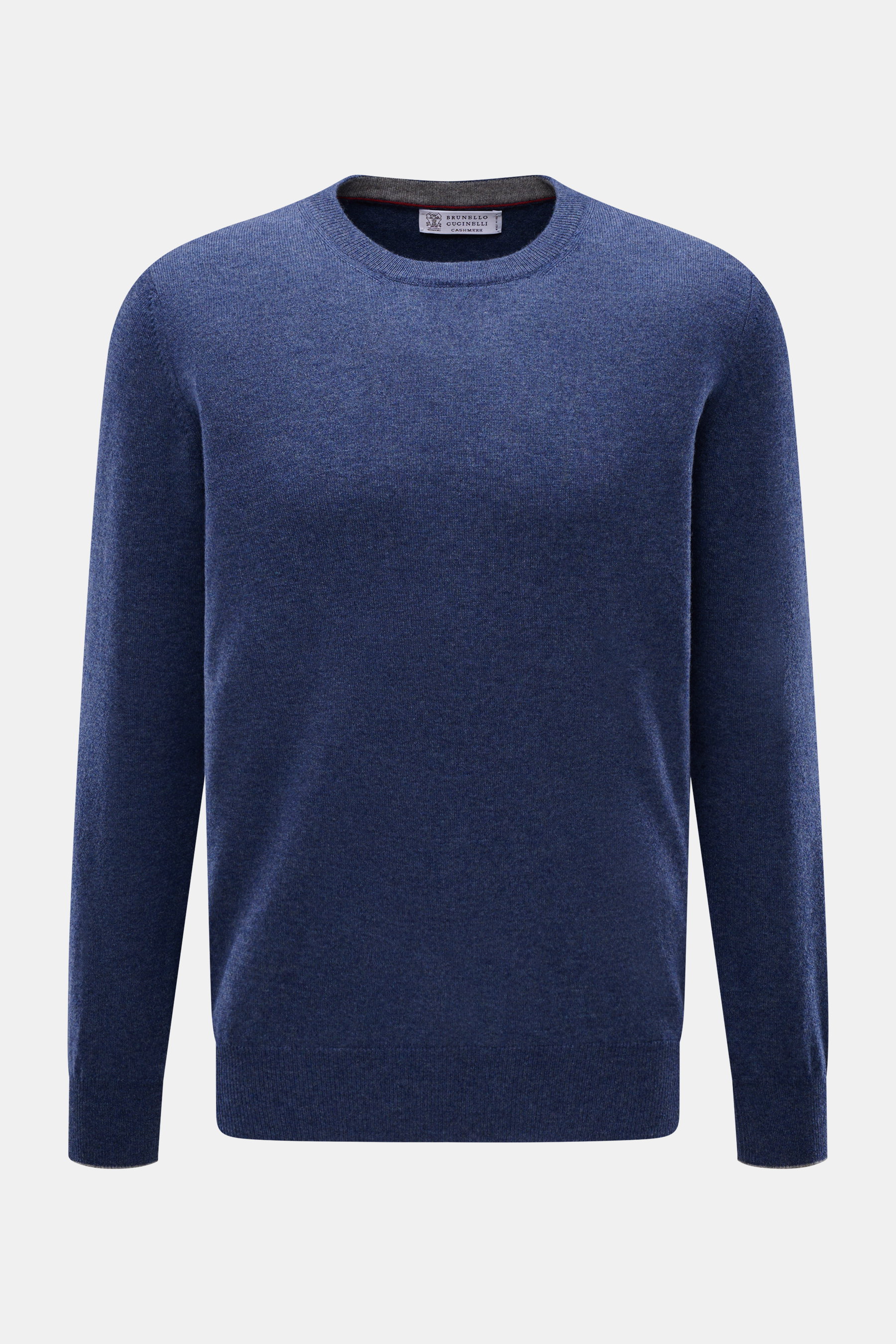 Front view of Brunello Cucinelli Cashmere pullover grey blue melange, a finely knit crew neck sweater with narrow contrast edges.

<p>This timeless and versatile finely knit crew neck sweater by BRUNELLO CUCINELLI is made from pure cashmere, featuring nar