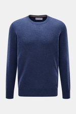 Front view of Brunello Cucinelli Cashmere pullover grey blue melange, a finely knit crew neck sweater with narrow contrast edges.

<p>This timeless and versatile finely knit crew neck sweater by BRUNELLO CUCINELLI is made from pure cashmere, featuring nar