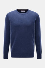 Front view of Brunello Cucinelli Cashmere pullover grey blue melange, a finely knit crew neck sweater with narrow contrast edges.

<p>This timeless and versatile finely knit crew neck sweater by BRUNELLO CUCINELLI is made from pure cashmere, featuring nar