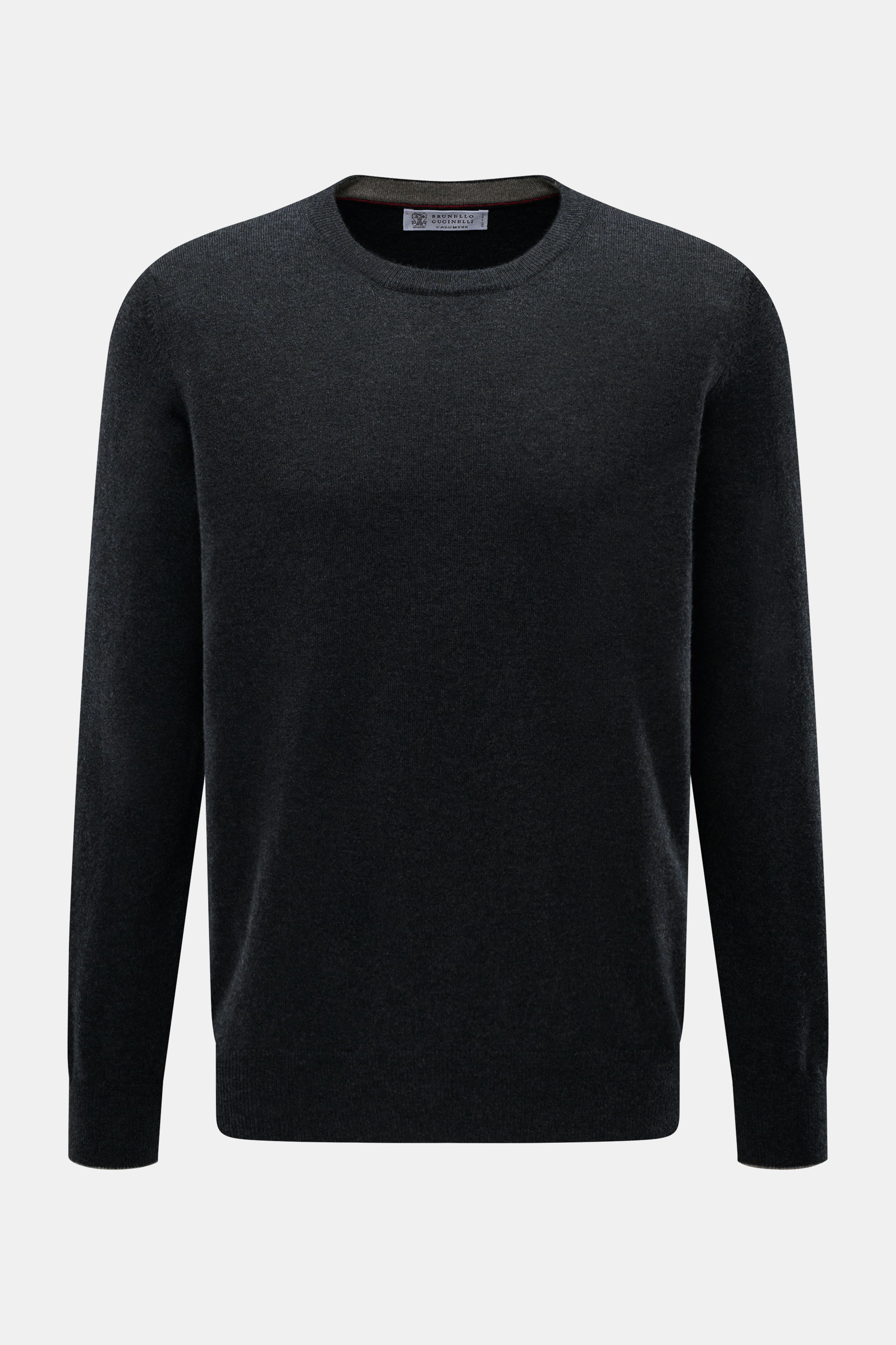 Front view of Brunello Cucinelli Cashmere pullover anthracite melange, a finely knit pure cashmere crew neck sweater with narrow contrast edges.

<p>This timeless and versatile finely knit crew neck sweater by BRUNELLO CUCINELLI is made from pure cashmere