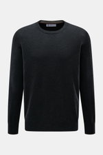 Brunello Cucinelli Cashmere Rundhalspullover anthrazit meliert, Frontansicht, feiner Strick, schmale Kontrastkanten, Regular Fit, weich, Rippbündchen