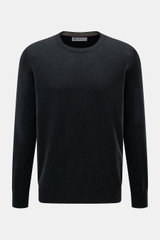 Brunello Cucinelli Cashmere Rundhalspullover anthrazit meliert, Frontansicht, feiner Strick, schmale Kontrastkanten, Regular Fit, weich, Rippbündchen