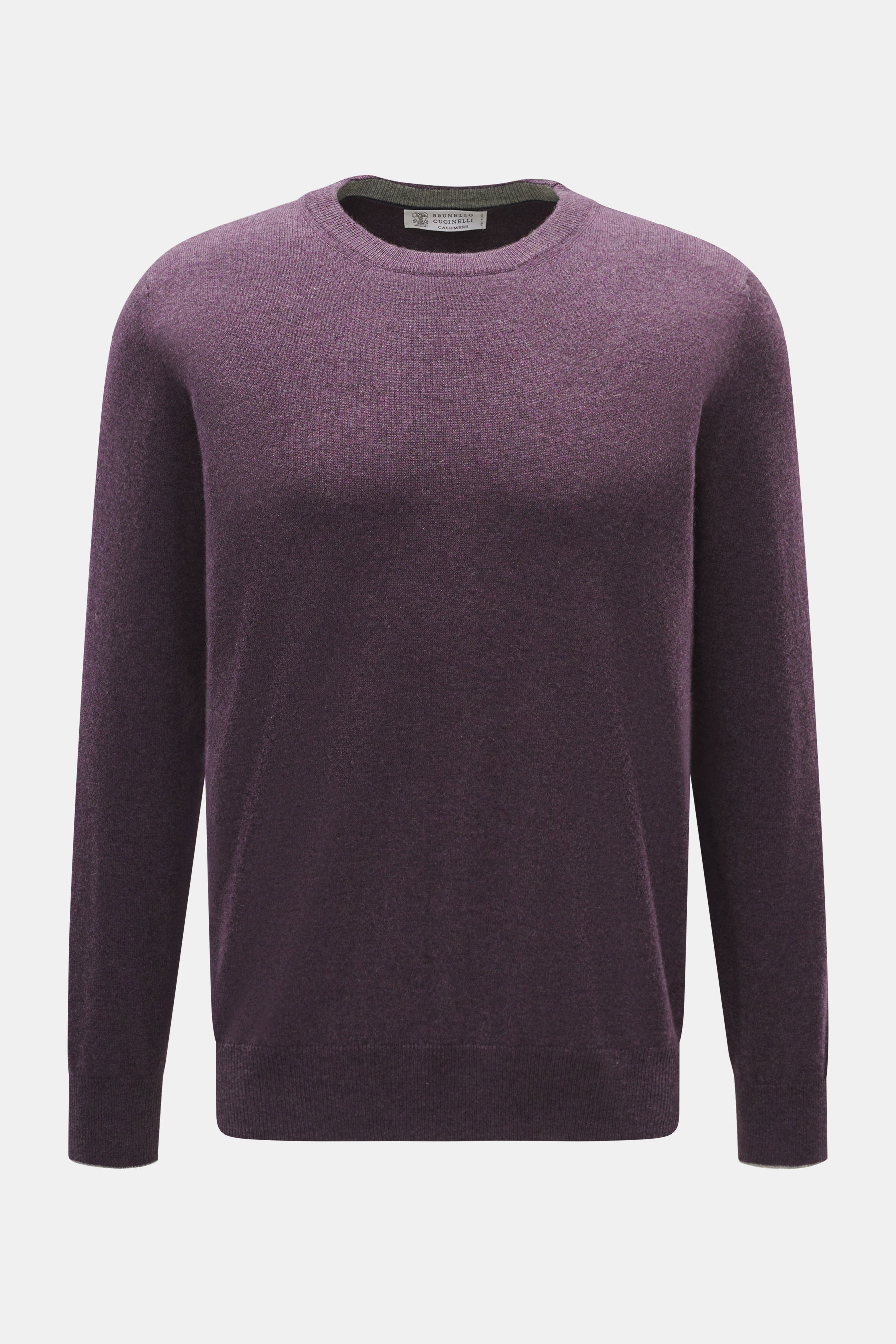 Front view of Brunello Cucinelli Cashmere Crew Neck Sweater Violet Melange, featuring fine cashmere knit, supple feel, narrow contrast edges, flexible ribbed cuffs, and regular fit. Timeless style in luxurious quality with a fine knit pattern and subtle s