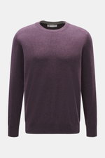 Brunello Cucinelli Cashmere Rundhalspullover violett meliert, frontal fotografiert, feiner Strick, Regular Fit, Kontrastkanten, flexible Rippbündchen.