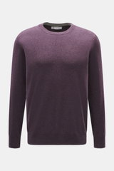 Brunello Cucinelli Cashmere Rundhalspullover violett meliert, frontal fotografiert, feiner Strick, Regular Fit, Kontrastkanten, flexible Rippbündchen.