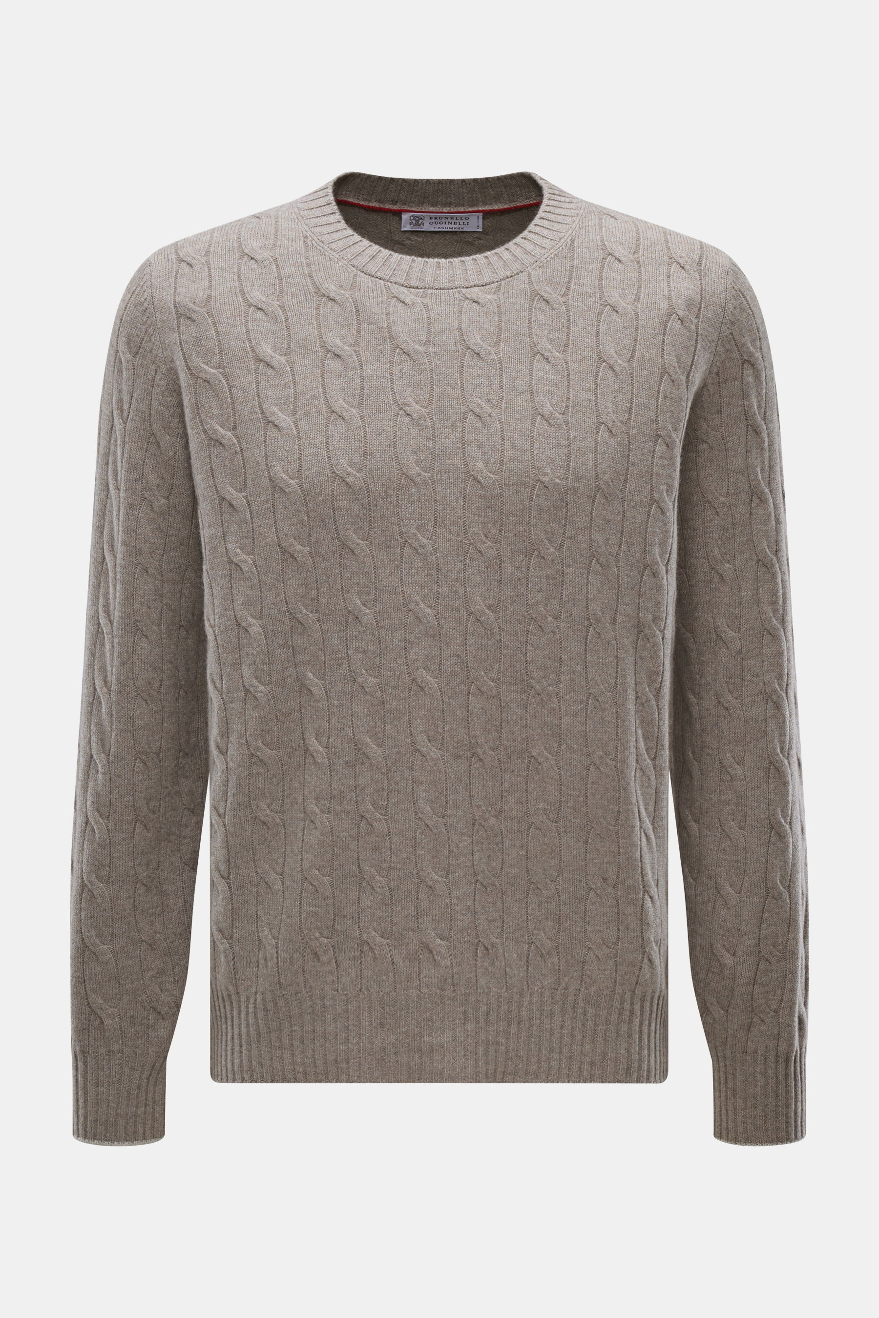 Front view of Brunello Cucinelli Cashmere Crewneck Sweater Taupe Melange, a pure cashmere cable-knit with fine knit, soft feel, narrow contrast edges, regular fit, crew neckline, and ribbed cuffs.