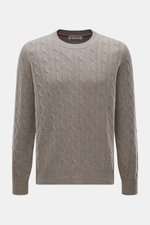Brunello Cucinelli Cashmere Rundhalspullover taupe meliert, Zopfstrick, Regular Fit, Rundhals, feine Kontrastkanten, flexible Rippbündchen, Frontansicht.
