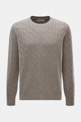 Brunello Cucinelli Cashmere Rundhalspullover taupe meliert, Zopfstrick, Regular Fit, Rundhals, feine Kontrastkanten, flexible Rippbündchen, Frontansicht.