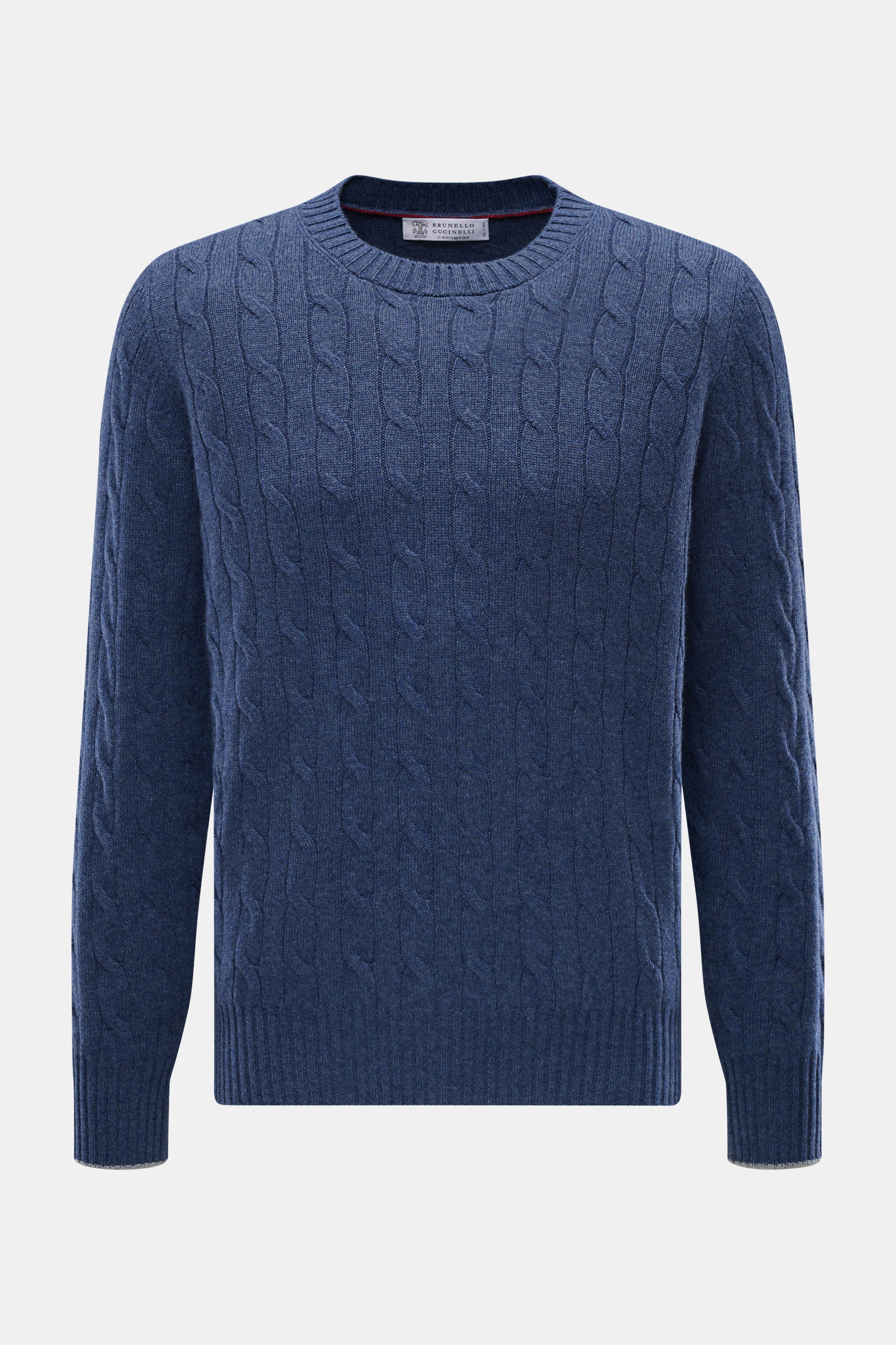 Front view of Brunello Cucinelli Cashmere Crewneck Sweater Grey Blue Melange in noble cable knit with fine pattern, pure cashmere, soft feel, contrast edges, regular fit, crew neckline, and ribbed cuffs.