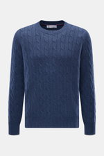 Brunello Cucinelli Cashmere Rundhalspullover graublau meliert, Zopfstrick, schmale Kontrastkanten, Rundhalsausschnitt, flexible Rippbündchen, Frontansicht.