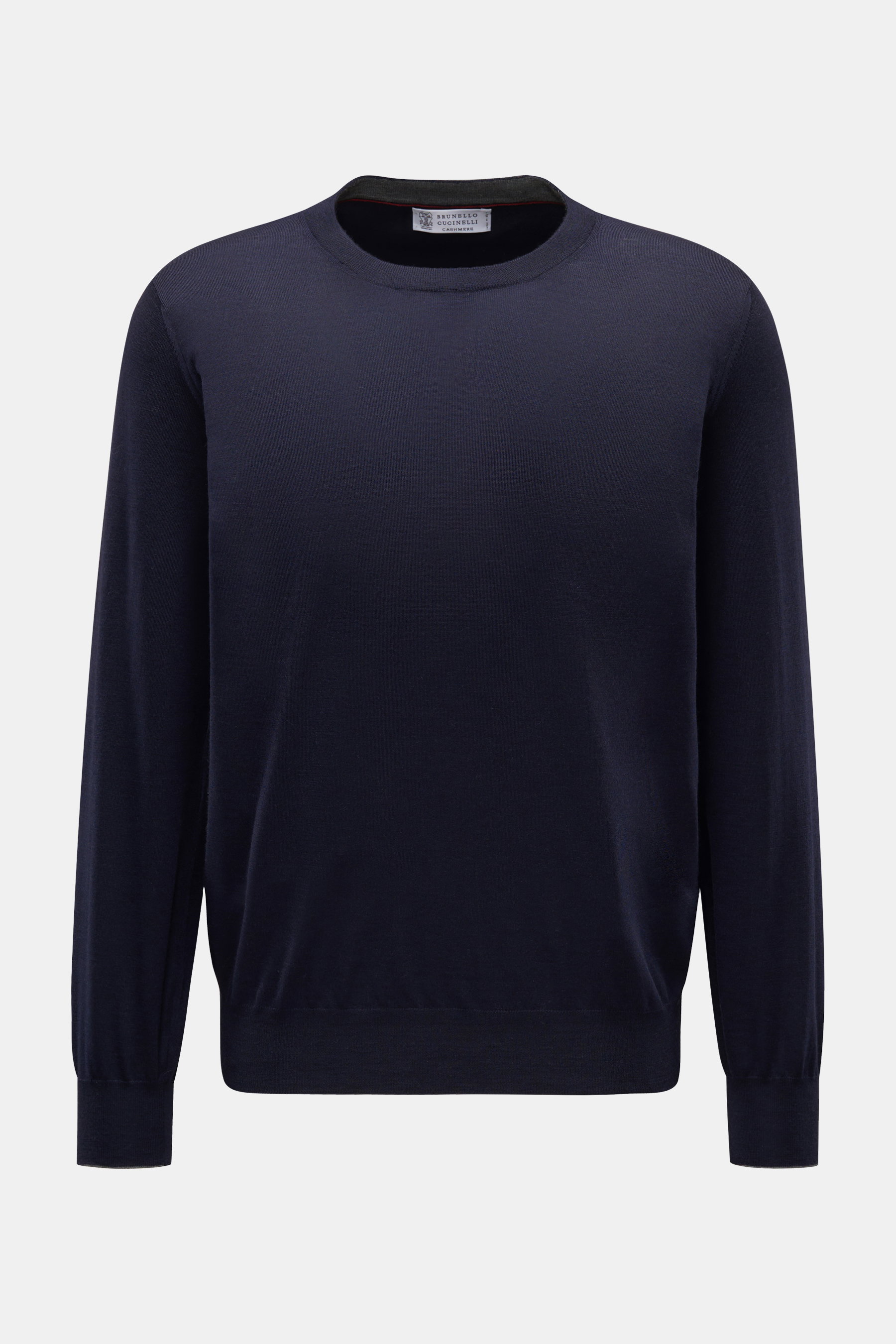 Brunello Cucinelli Feinstrick-Rundhalspullover navy, frontal fotografiert, aus Wolle und Cashmere, mit schmalen Kontrastkanten, Regular Fit.