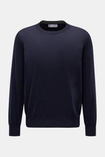 Brunello Cucinelli Fine-knit crew-neck pullover navy shown from front, made of wool and cashmere knit, smooth feel, fine texture, regular fit, rib-knit cuffs with contrasting sleeve edges.