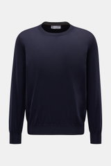 Brunello Cucinelli Fine-knit crew-neck pullover navy shown from front, made of wool and cashmere knit, smooth feel, fine texture, regular fit, rib-knit cuffs with contrasting sleeve edges.