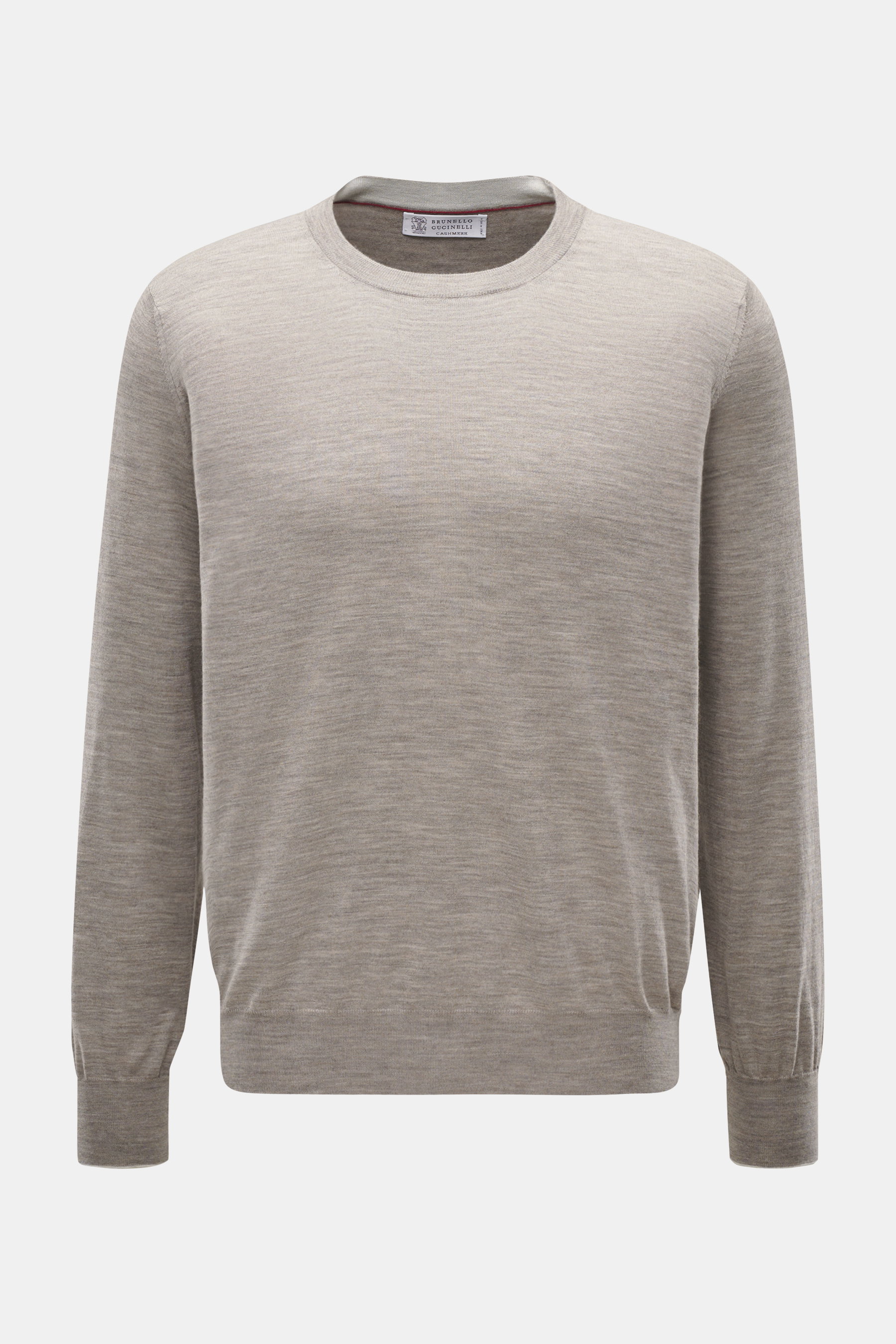 Brunello Cucinelli Feinstrick-Rundhalspullover taupe meliert, frontal fotografiert, Regular Fit mit schmalen Kontrastkanten, aus Wolle und Cashmere.