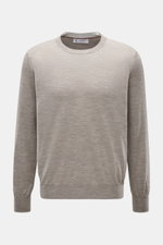Brunello Cucinelli Feinstrick-Rundhalspullover taupe meliert, frontal fotografiert, Regular Fit mit schmalen Kontrastkanten, aus Wolle und Cashmere.