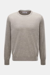 Brunello Cucinelli Feinstrick-Rundhalspullover taupe meliert, frontal fotografiert, Regular Fit mit schmalen Kontrastkanten, aus Wolle und Cashmere.