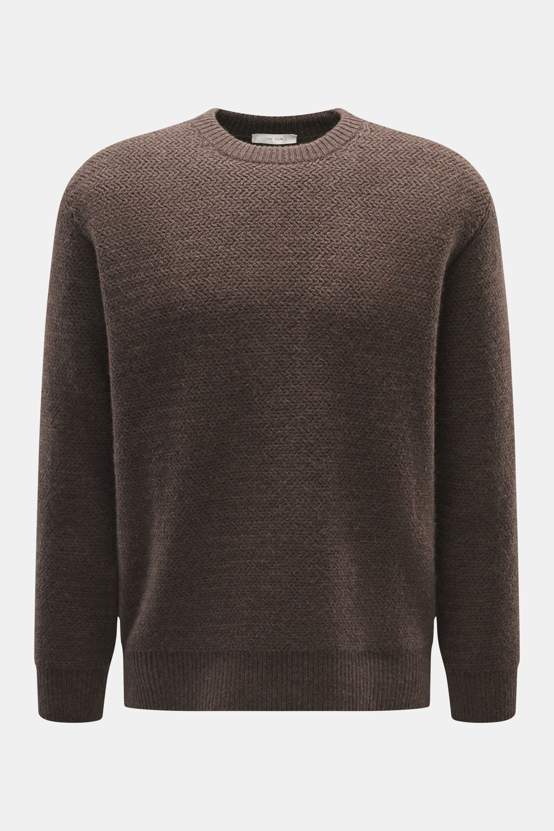 The Row Crewneck sweater 'Anish' gray-brown melange shown from the front, oversized fit with textured pearl knit, ribbed cuffs, and crew neckline.