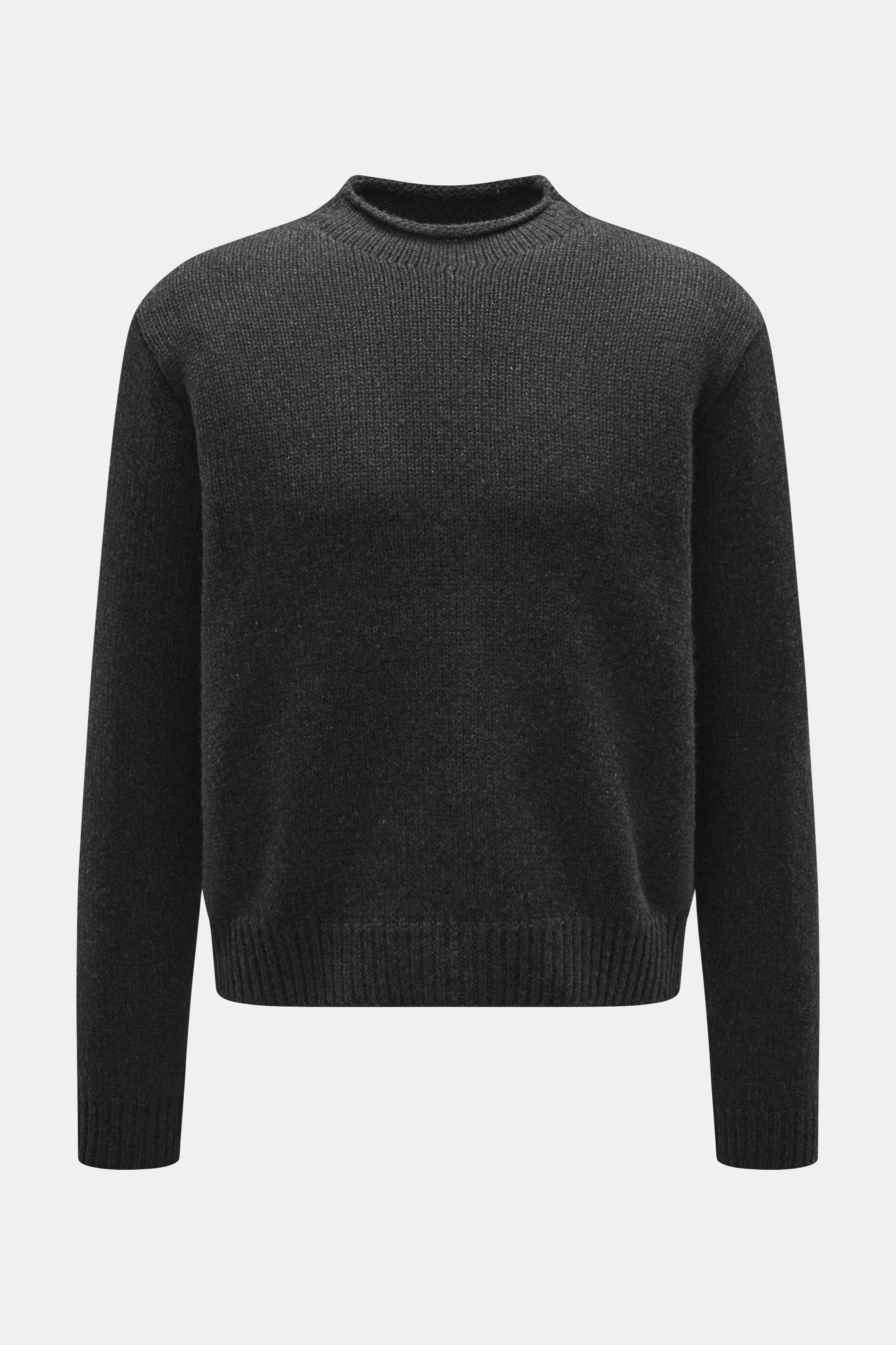 The Row Cashmere crewneck sweater 'Markhim' dark gray melange shown from the front, voluminous with boxy cut, coarse knit, ribbed cuffs, soft, slightly elastic cashmere.