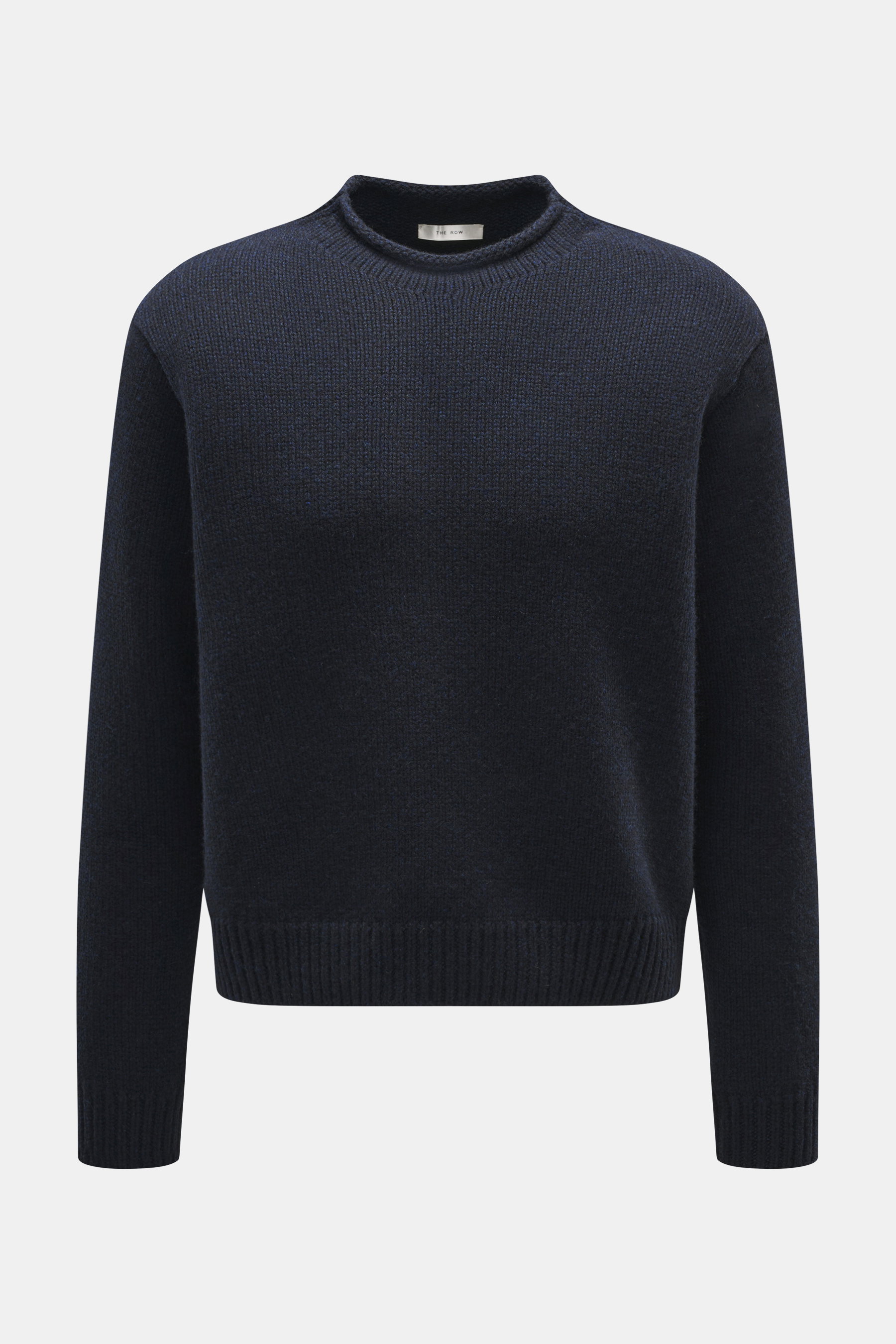 Front view of The Row Cashmere crewneck sweater 'Markhim' navy melange, a voluminous, oversized knit with crew neckline, ribbed cuffs, and coarse knit pattern. Statement knitwear for the cold season: The voluminous 'Markhim' crewneck sweater from THE ROW 