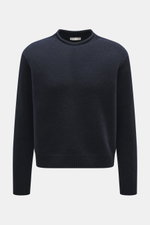 Front view of The Row Cashmere crewneck sweater 'Markhim' navy melange, a voluminous, oversized knit with crew neckline, ribbed cuffs, and coarse knit pattern. Statement knitwear for the cold season: The voluminous 'Markhim' crewneck sweater from THE ROW 