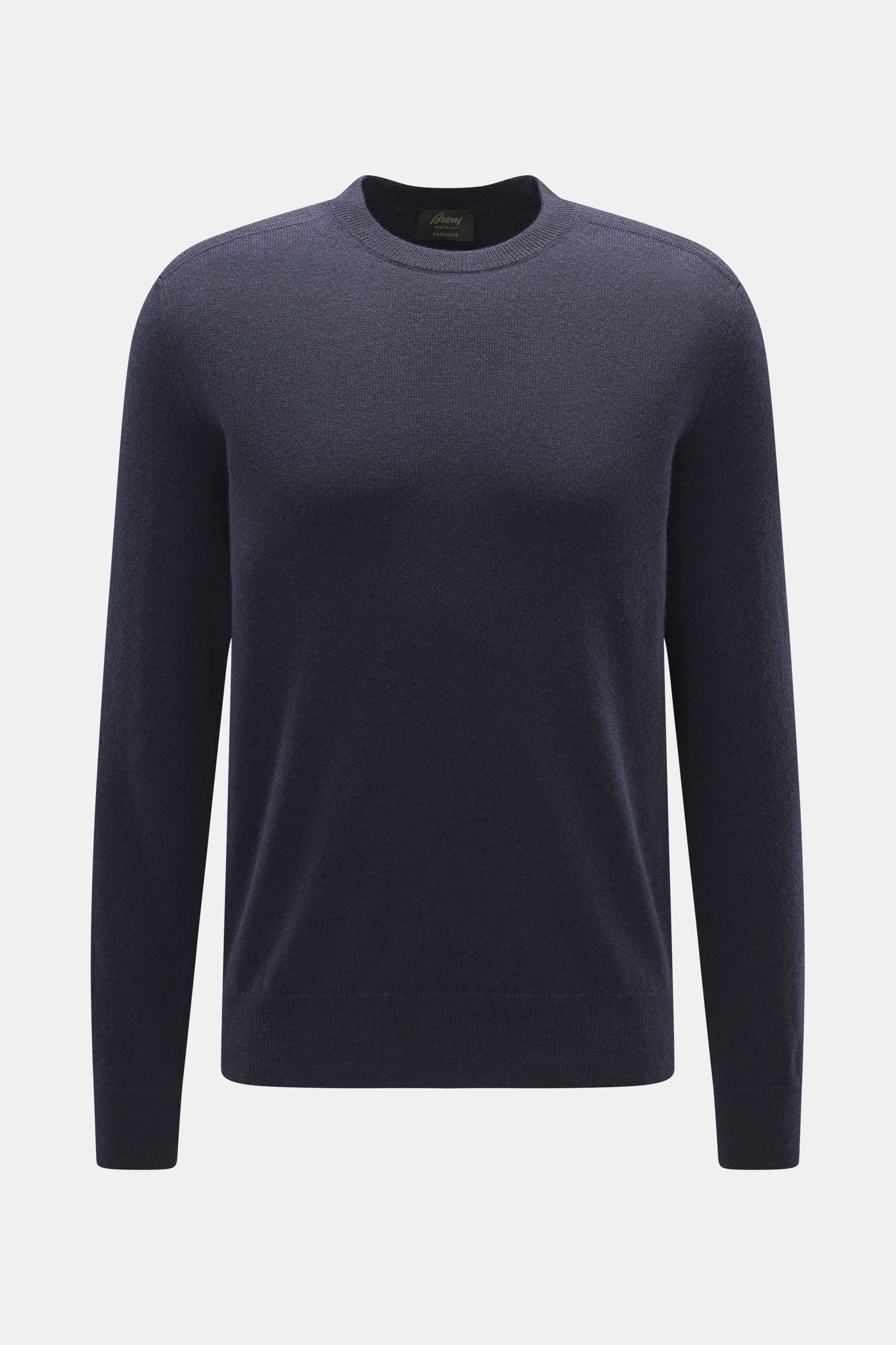 Brioni Cashmere Rundhalspullover navy, frontale Nahaufnahme, reiner Cashmere, feines Strickbild, Regular Fit, Rundhalsausschnitt, weicher Griff, Kontrast-Schulterpasse, Rippbündchen.