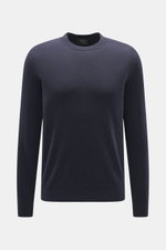 Brioni Cashmere Rundhalspullover navy, frontale Nahaufnahme, reiner Cashmere, feines Strickbild, Regular Fit, Rundhalsausschnitt, weicher Griff, Kontrast-Schulterpasse, Rippbündchen.