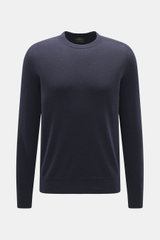 Brioni Cashmere Rundhalspullover navy, frontale Nahaufnahme, reiner Cashmere, feines Strickbild, Regular Fit, Rundhalsausschnitt, weicher Griff, Kontrast-Schulterpasse, Rippbündchen.